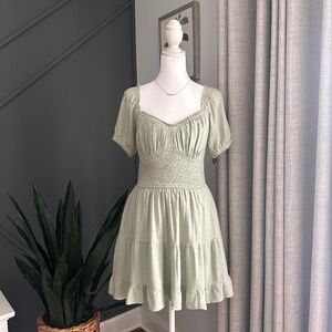 Hollister Sage Green Baby Doll Coquette Mini Dress with elastic waist Size M